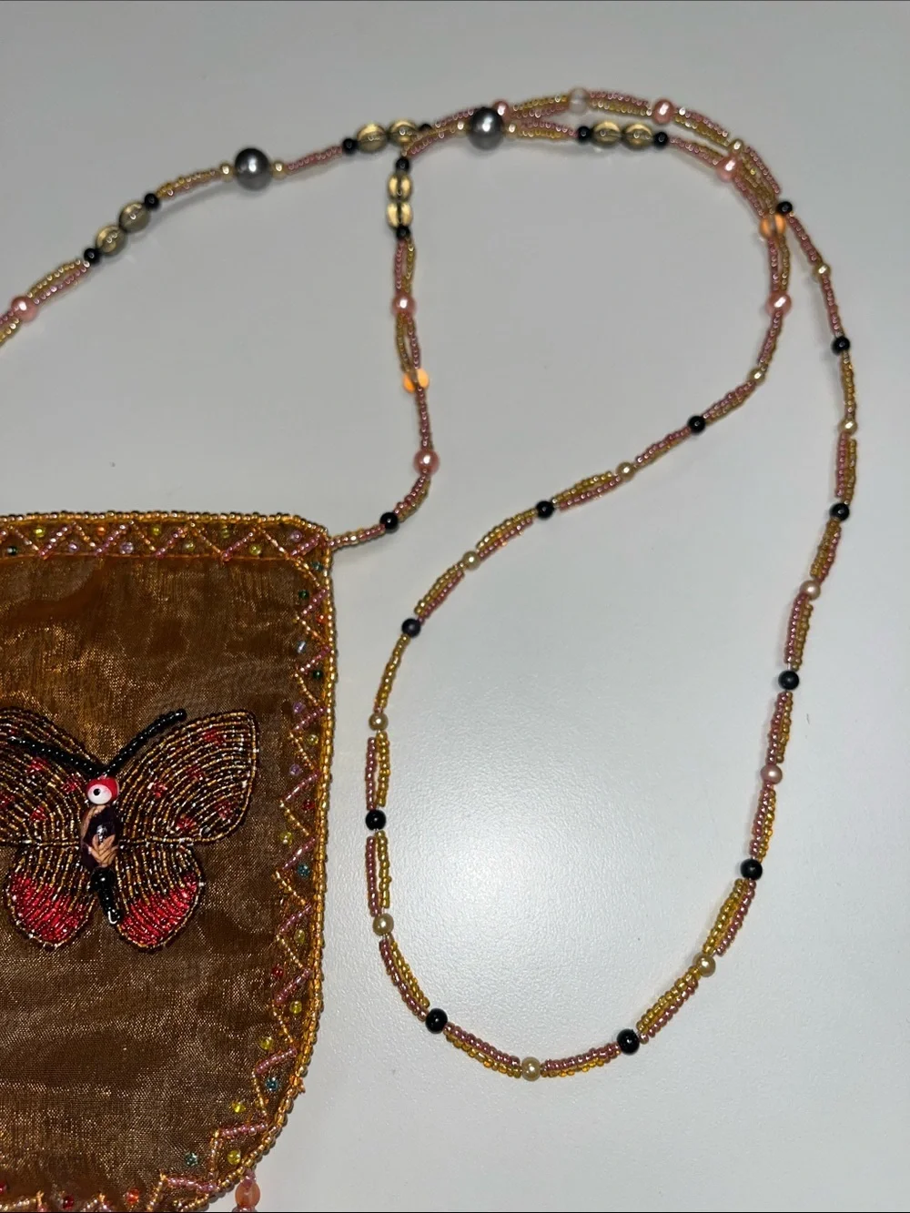 Source Unknown Brown Beaded Fringe Phone Case Charm w/ butterfly